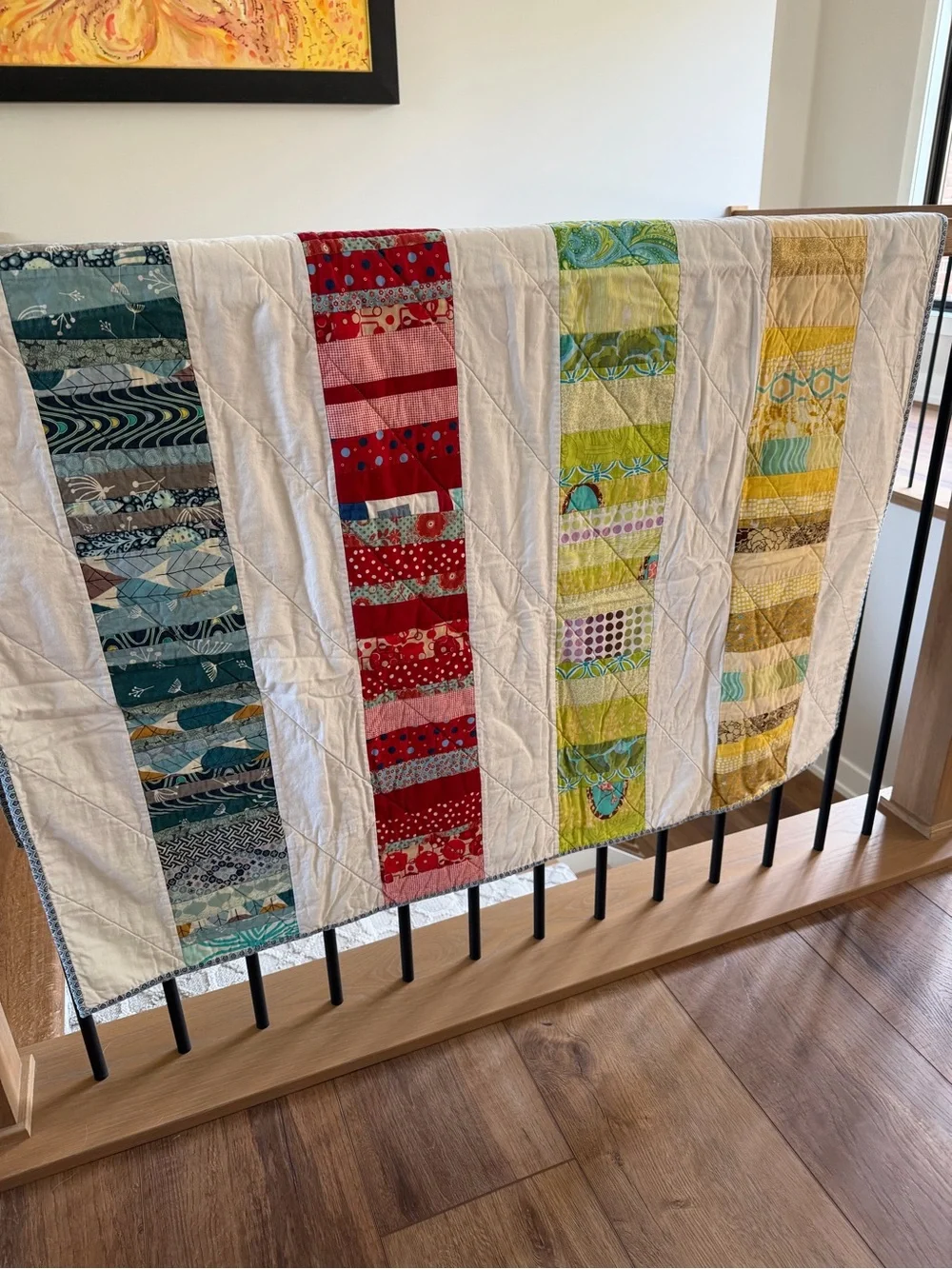 Hand Crafted Striped Patchwork Throw in Blue, Red, Green, and Yellow Cotton